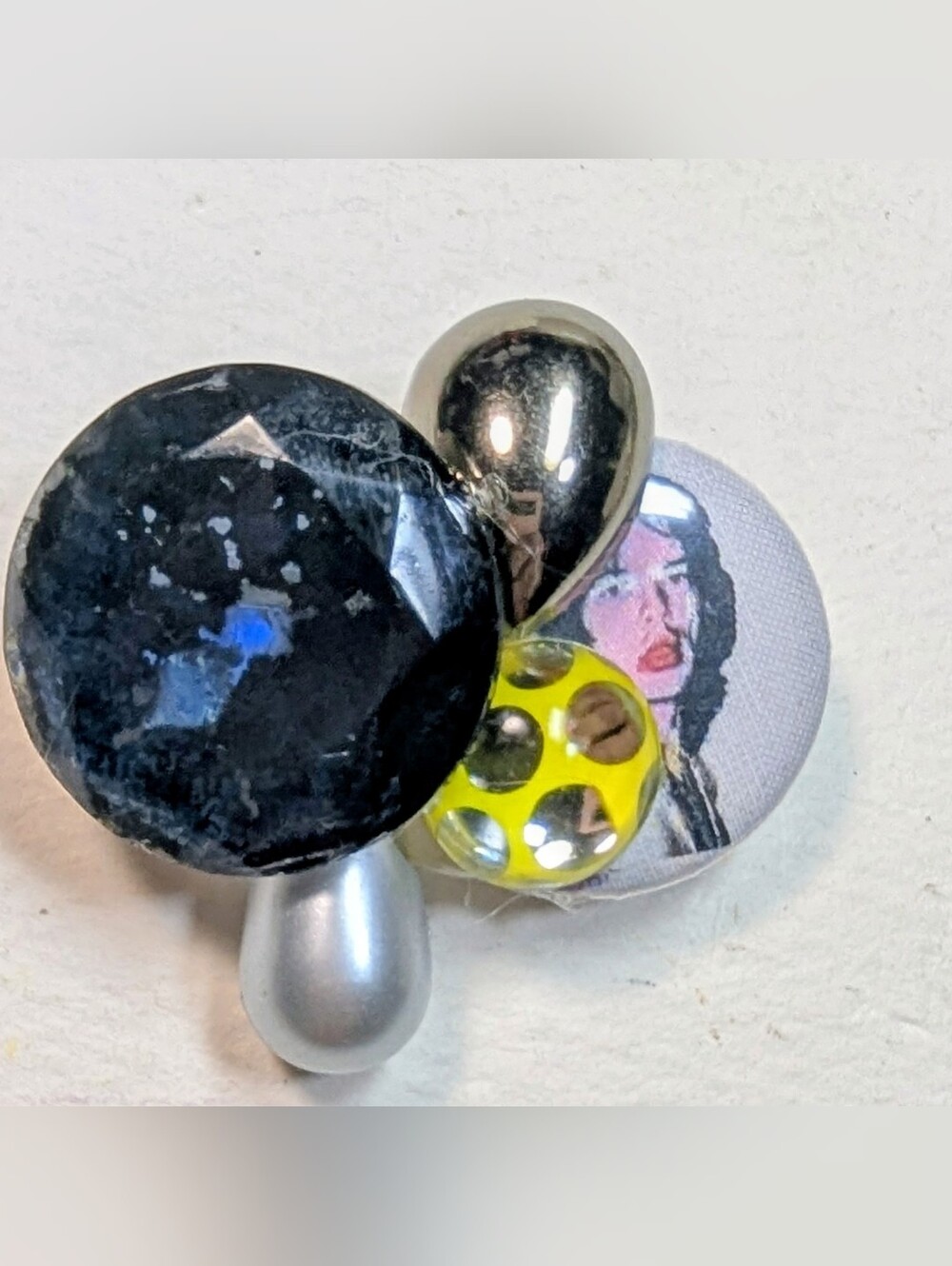 Wendy Gell Mick Jagger Pin With Yellow Polka Dots Black Stone And Pearl.